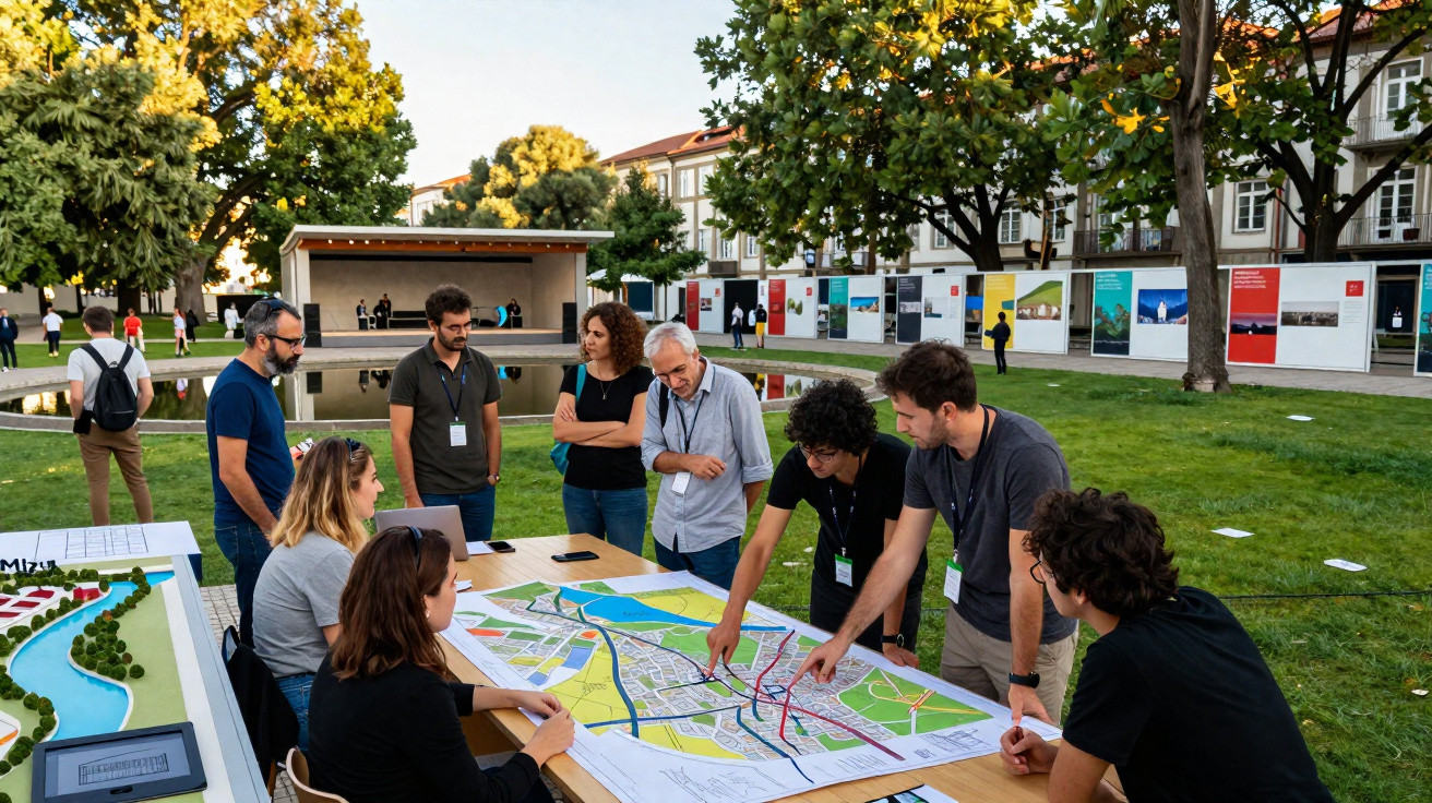 Group of people discussing a large urban planning map outdoors at a park during daytime.
