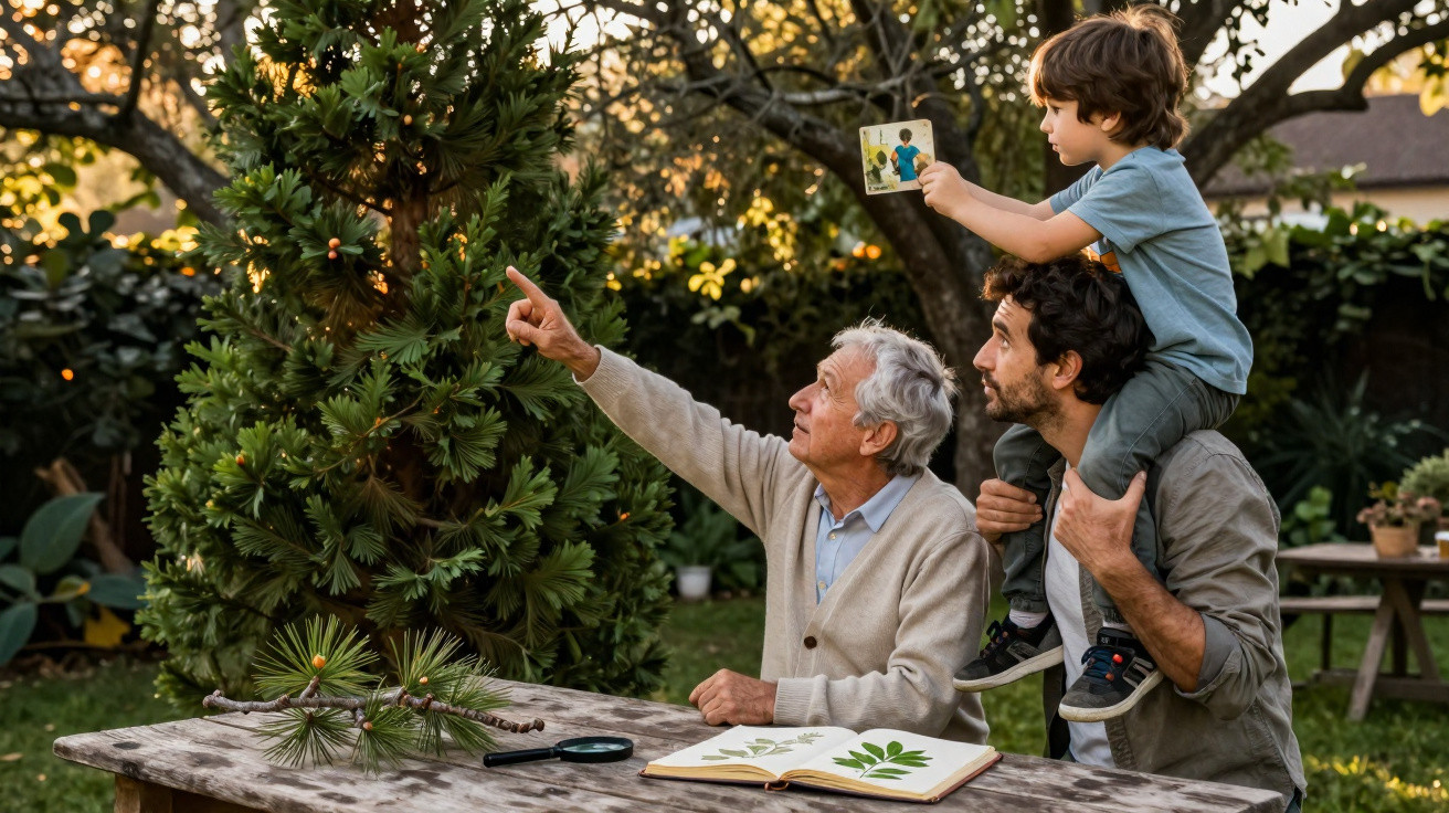 Grandfather, father, and son examining plants outdoors with book and magnifying glass on wooden table.