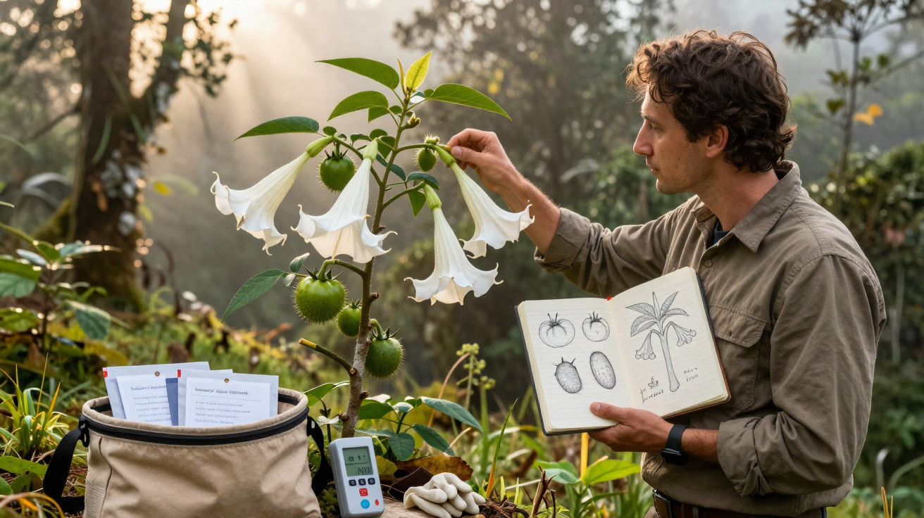 Man examining white trumpet-shaped flowers on a plant while holding a botanical sketchbook outdoors.