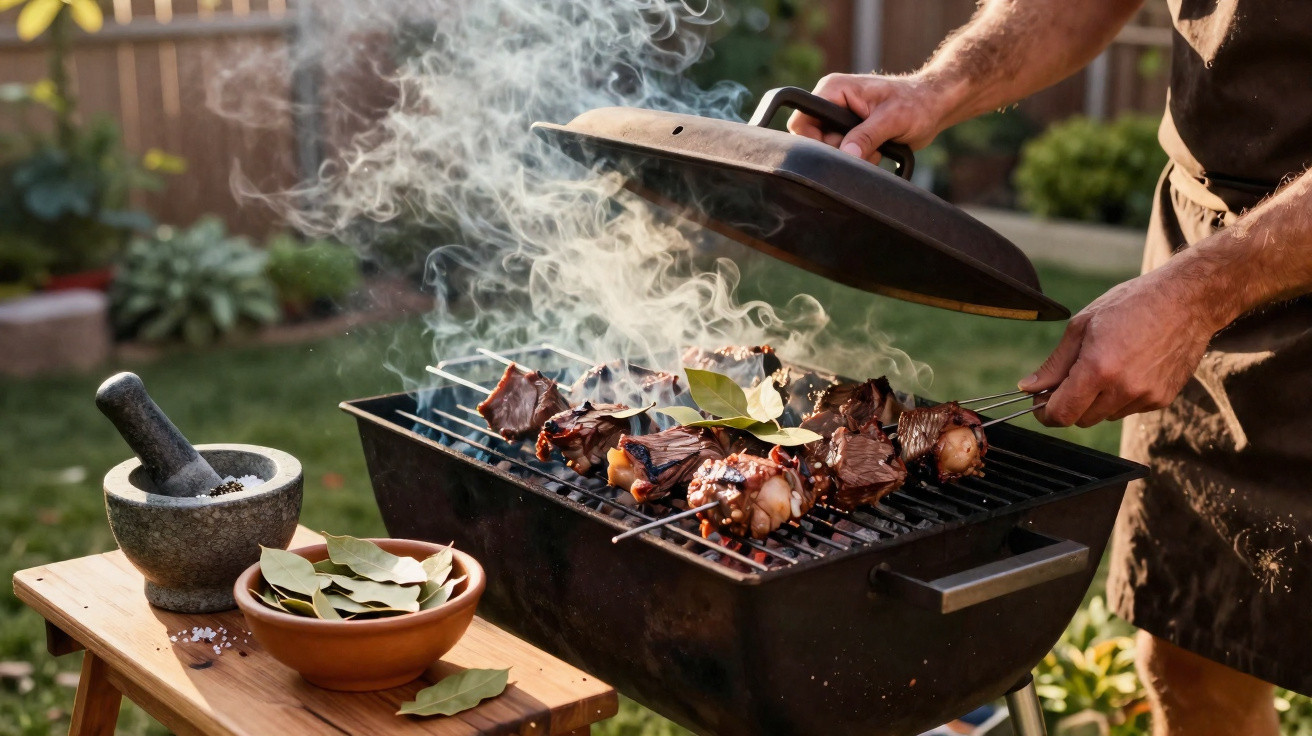 Person lifting lid of charcoal grill with skewers of meat and bay leaves, outdoors in garden setting.