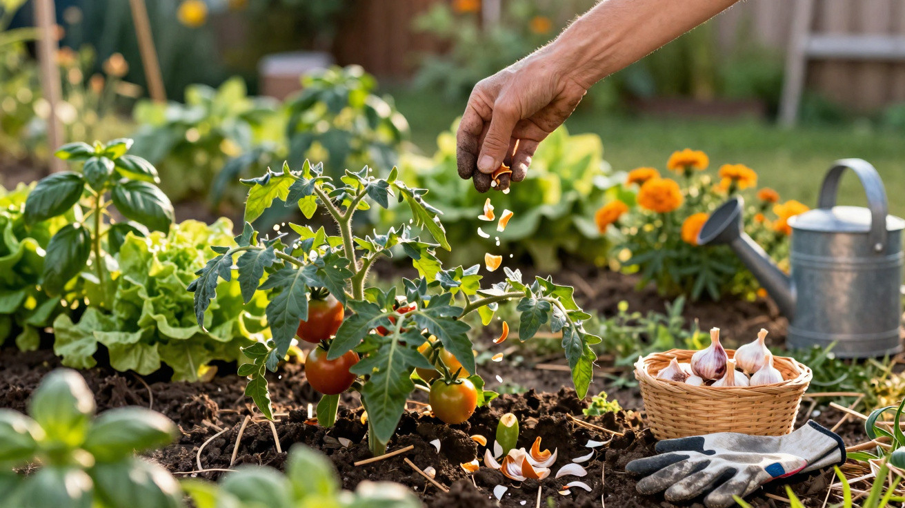 Hand sprinkling garlic cloves around a tomato plant in a garden with flowers and gardening gloves nearby.
