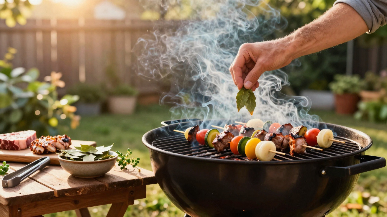 Hand placing a bay leaf on vegetable and meat skewers grilling on a barbecue in a sunny garden.