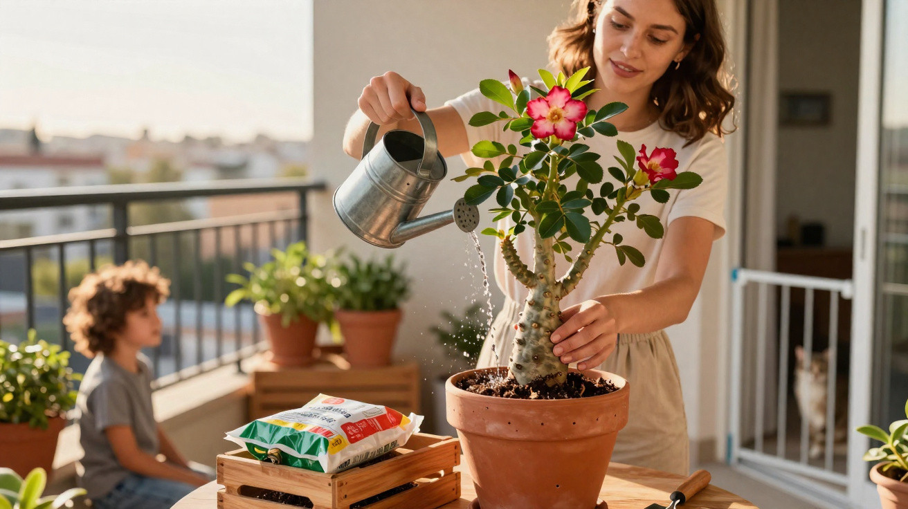 Woman watering a potted desert rose plant on a balcony with a child sitting in the background.