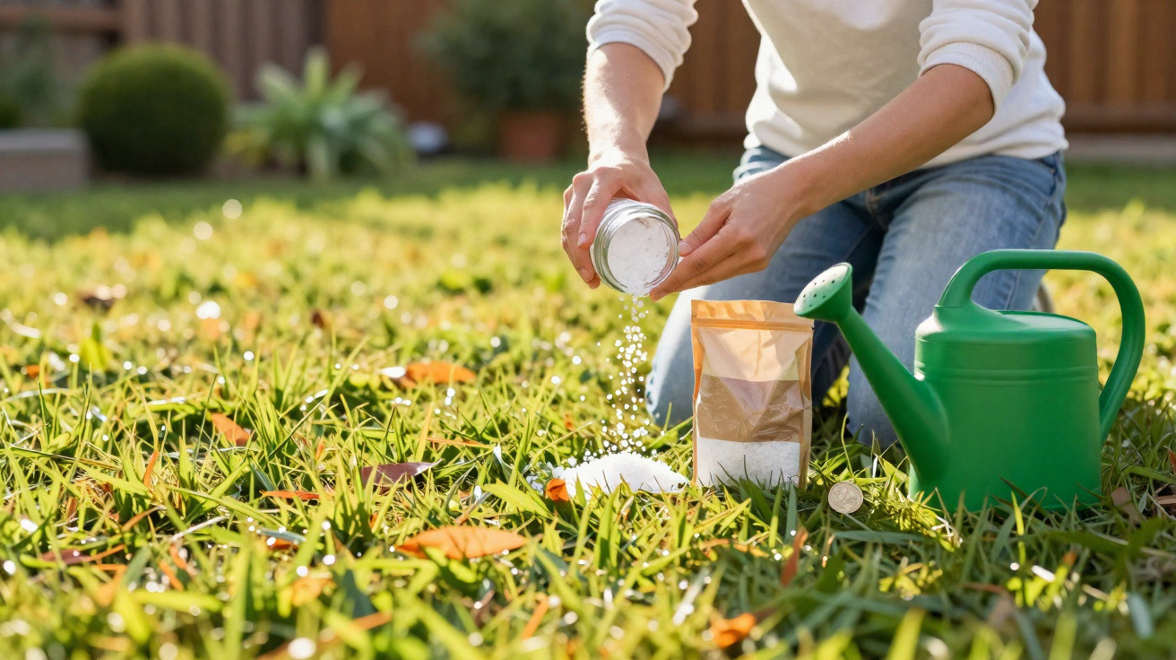 Person sprinkling granular lawn fertilizer onto grass beside a green watering can on a sunny day.