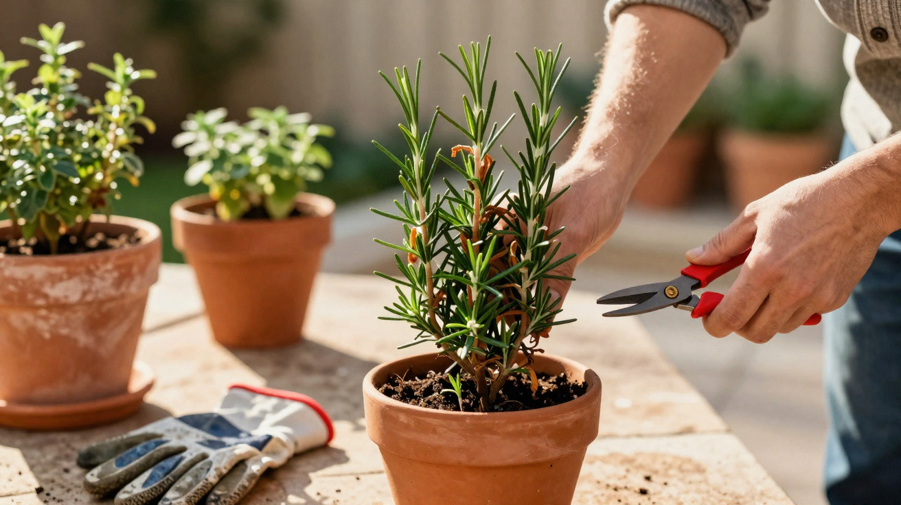 Person pruning a potted rosemary plant with red-handled scissors on a wooden table outdoors.