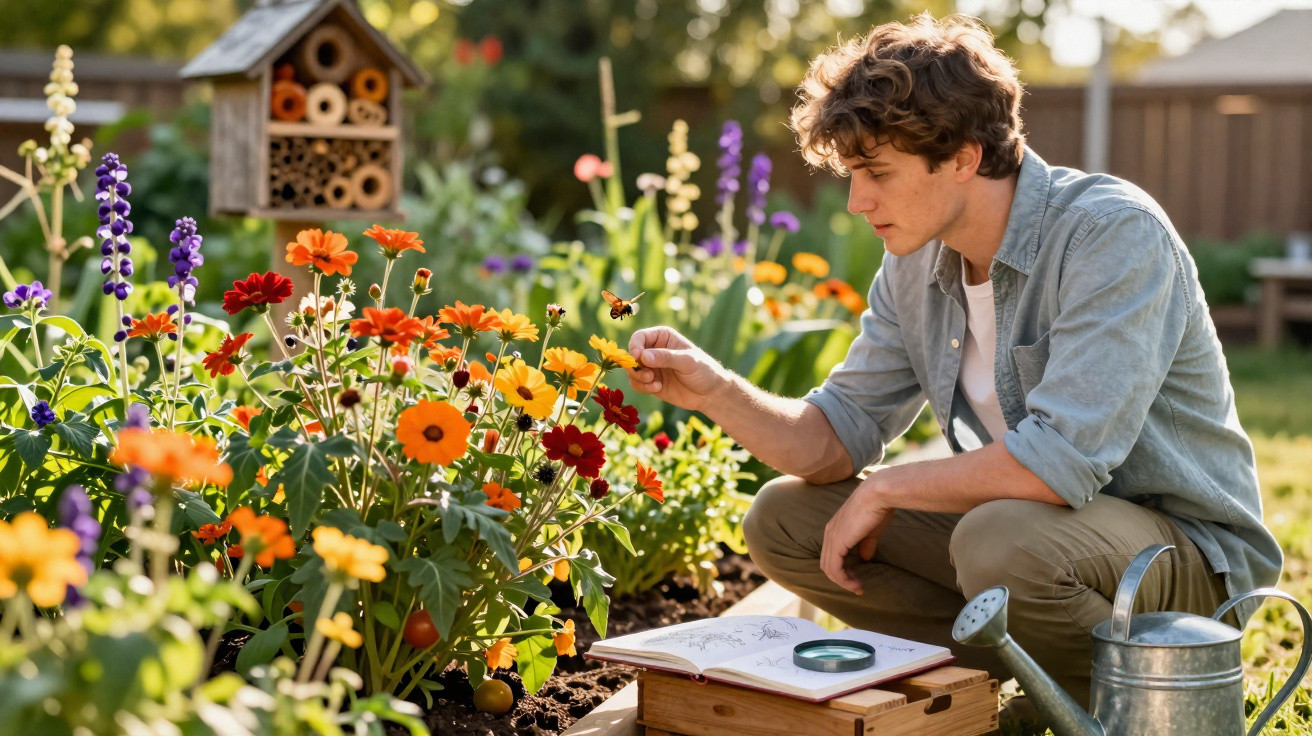 Young man in garden observing bee on colourful flowers with gardening tools and notebook nearby in sunlight.