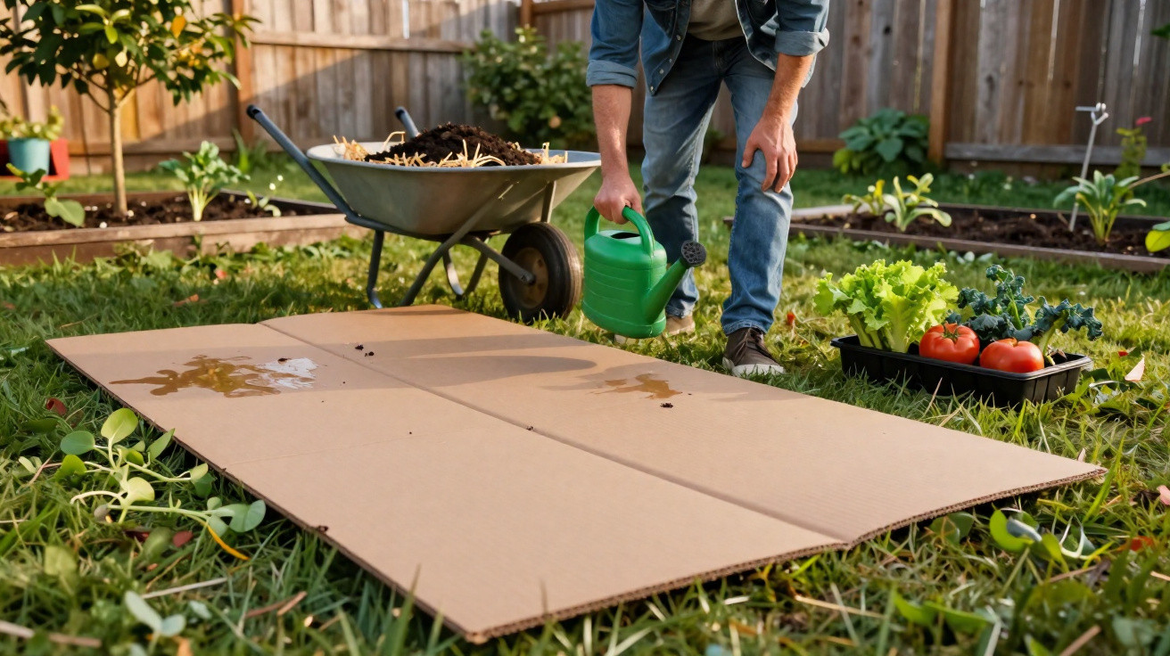 Person watering a garden bed with cardboard laid on the grass and gardening supplies nearby.