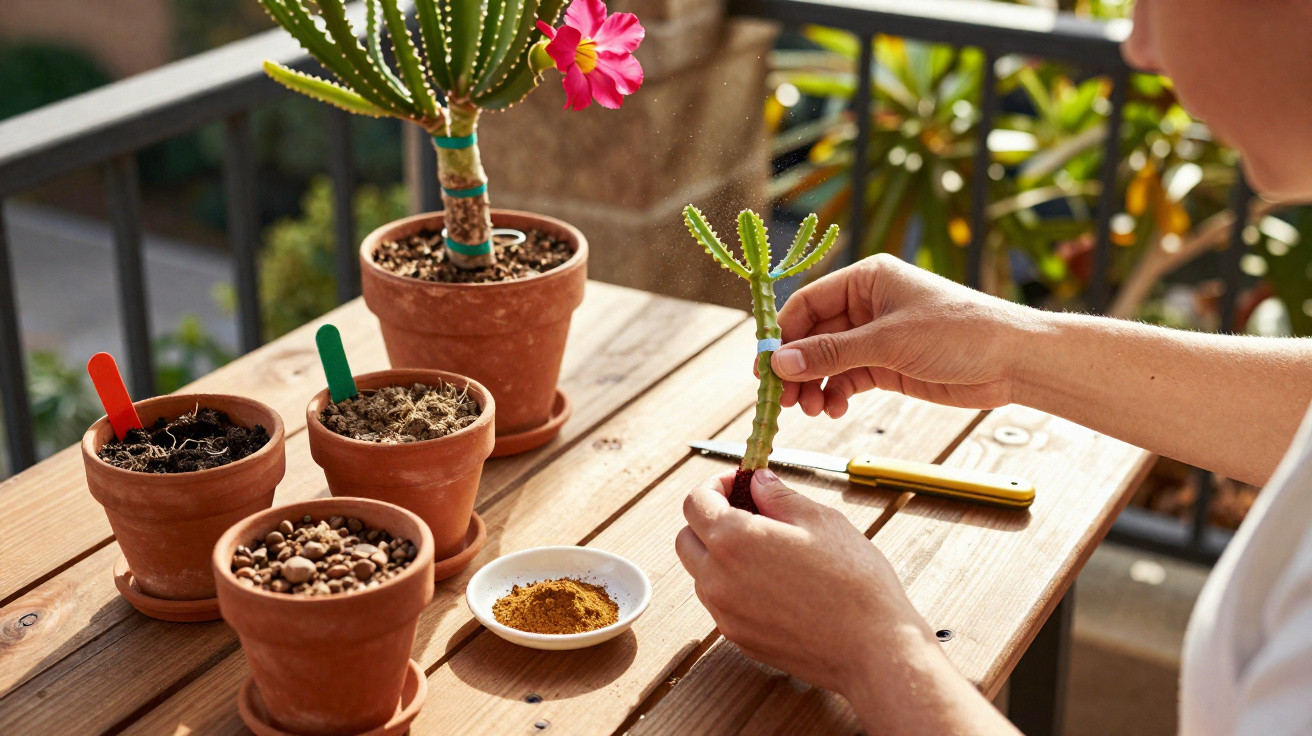 Person propagating a small cactus cutting on a wooden table with potted cacti and gardening tools.