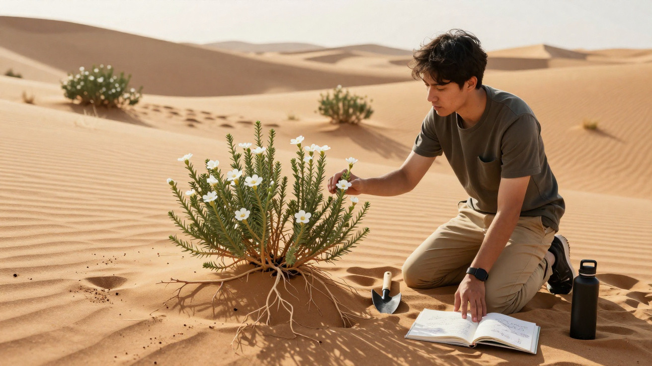 Young man studying a flowering desert plant on sand dunes with a notebook and water bottle nearby