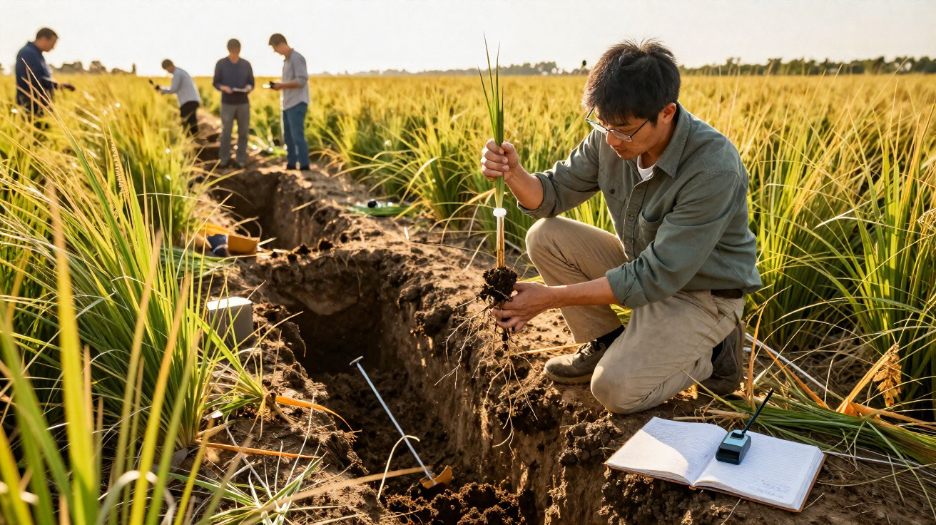 Scientist examining plant roots in a rice field trench with colleagues working in the background.
