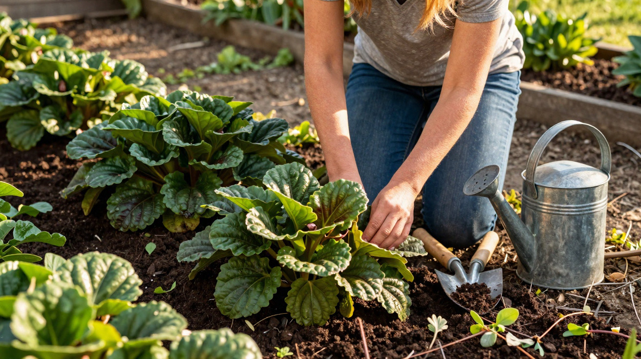 Person kneeling and tending to leafy green plants in a garden bed with gardening tools and watering can nearby.