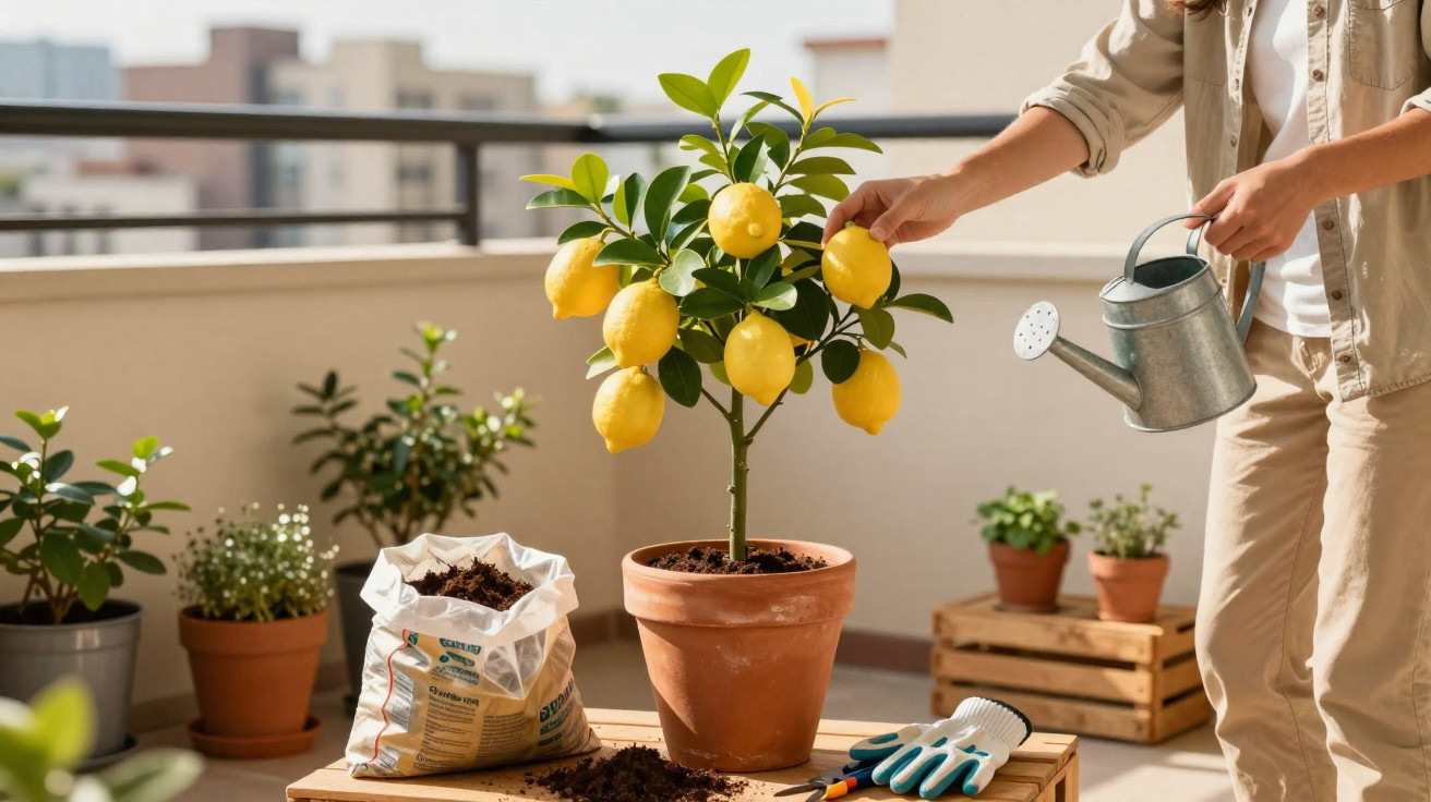 Person watering a lemon tree in a terracotta pot on a balcony with gardening tools and soil nearby.