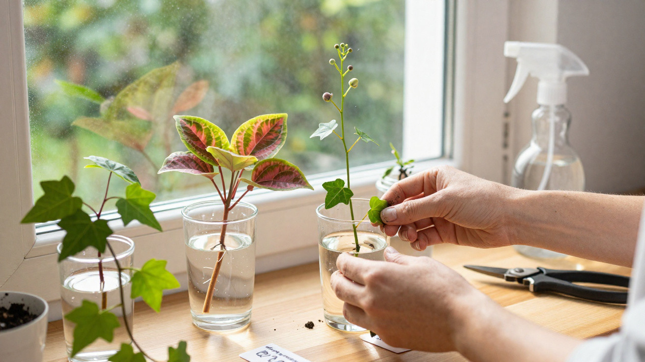 Hands propagating plants in water-filled glasses on a sunny windowsill with gardening tools nearby.