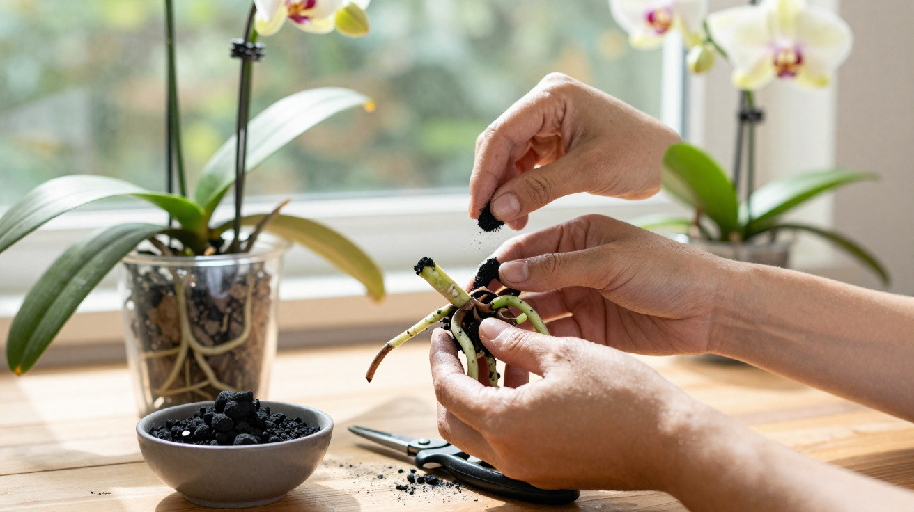Hands repotting orchid roots with soil on a wooden table by a window with potted orchids in the background.