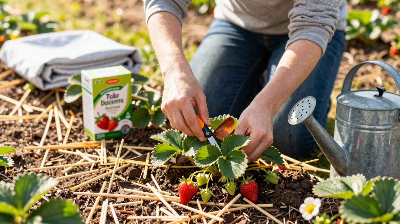 Person pruning strawberry plant in garden with watering can and fertiliser box nearby.