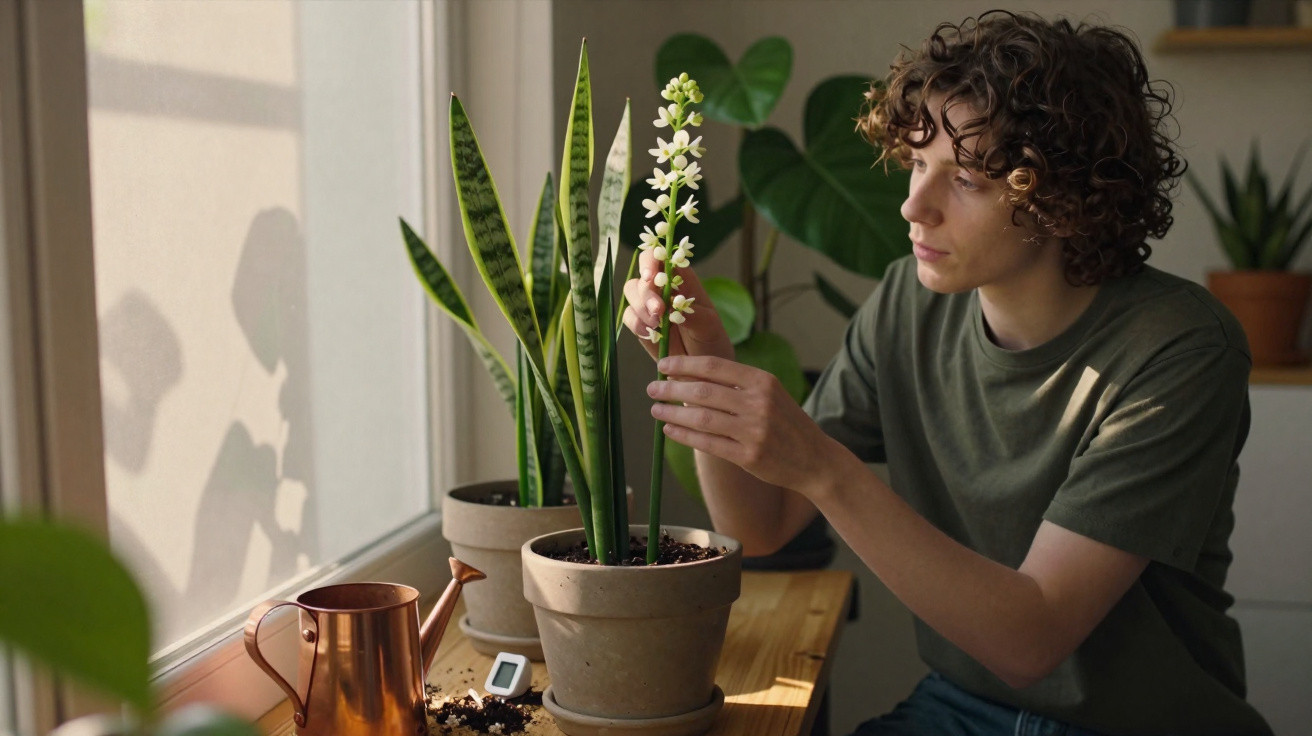 Young man tending to a flowering houseplant on a wooden table by a sunlit window with other potted plants nearby.