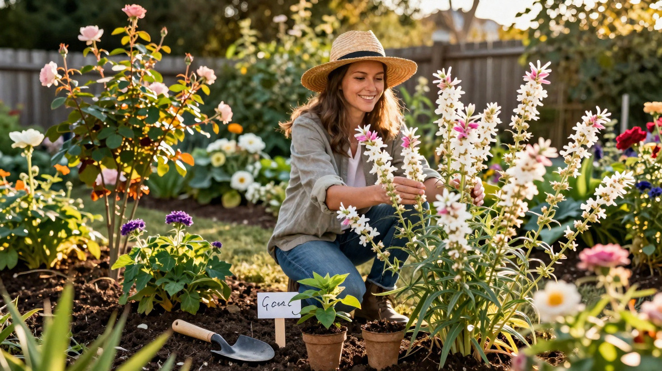 Woman wearing a straw hat tending to white and pink flowers in a sunny garden with various plants.