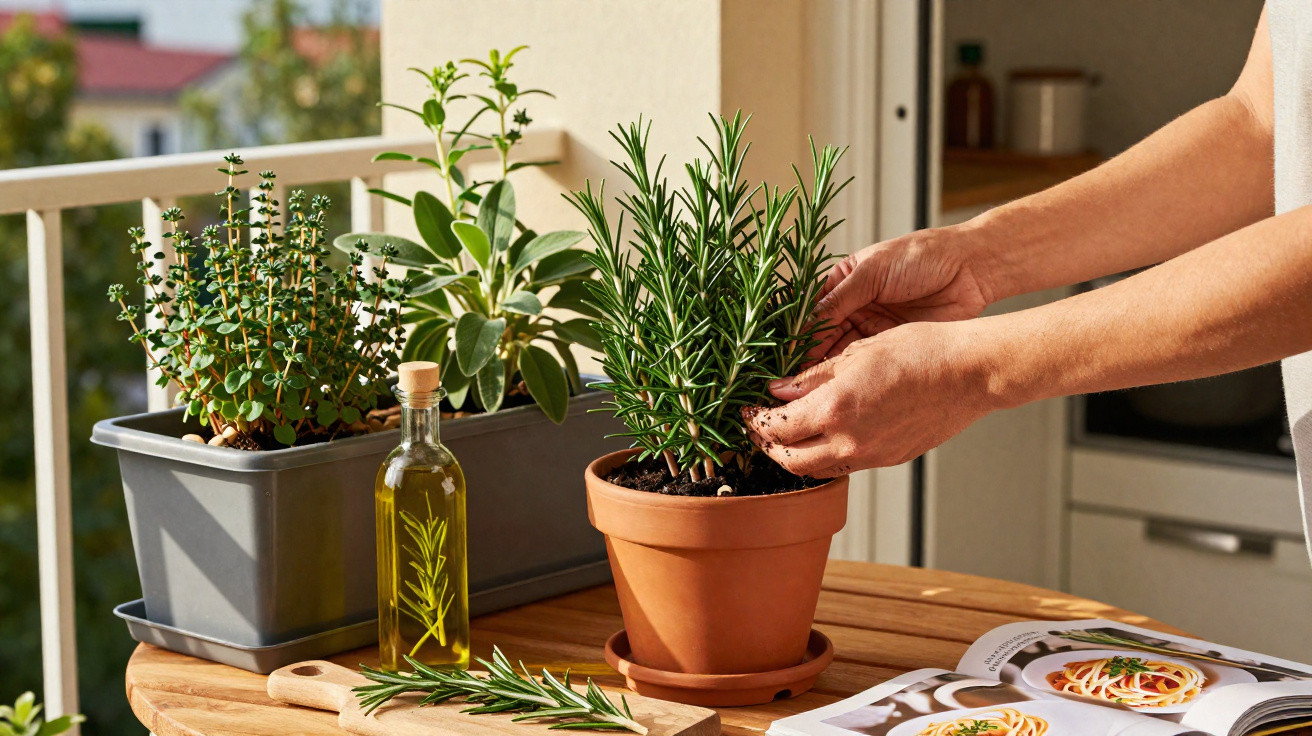 Hands tending to a rosemary plant in a terracotta pot on a wooden table with herbs and recipe book nearby.