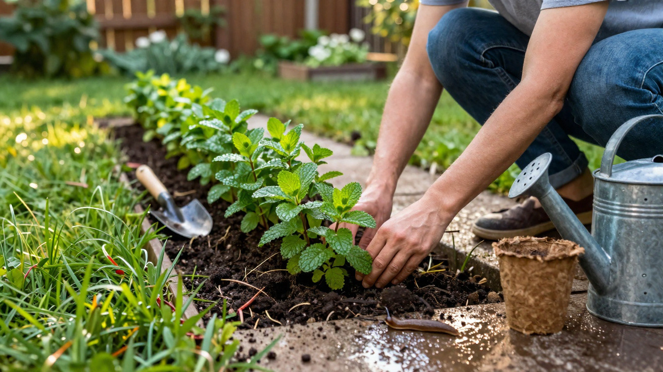 Person planting green herb seedlings in soil beside gardening tools and watering can on garden path.