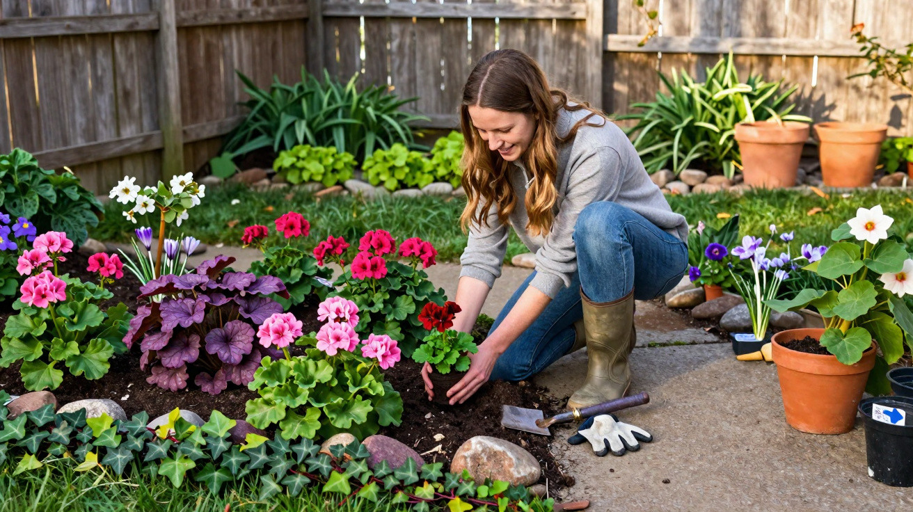 Woman wearing boots planting colourful flowers in a garden bed next to a wooden fence on a sunny day