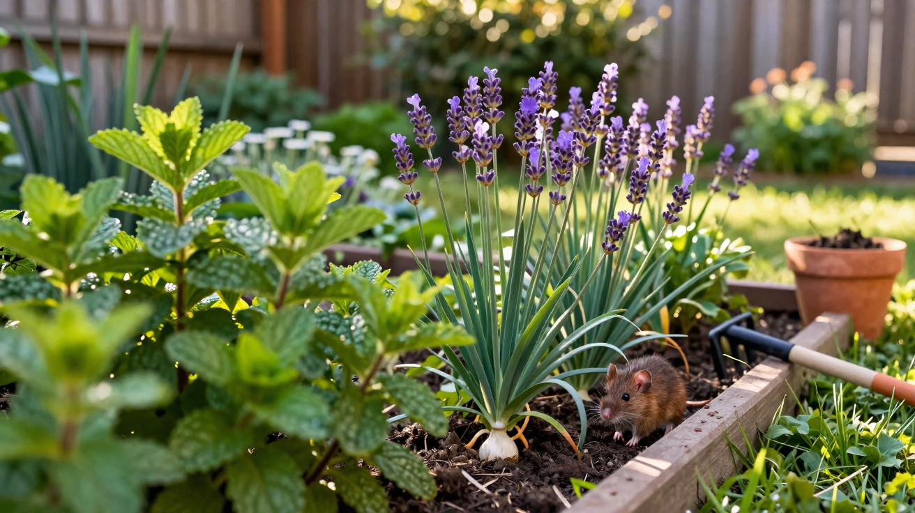 A small brown rat in a garden bed with lavender and green leafy plants on a sunny day.