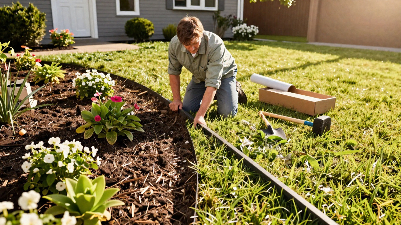 Man kneeling on lawn installing garden edging beside flower bed in a sunny backyard.