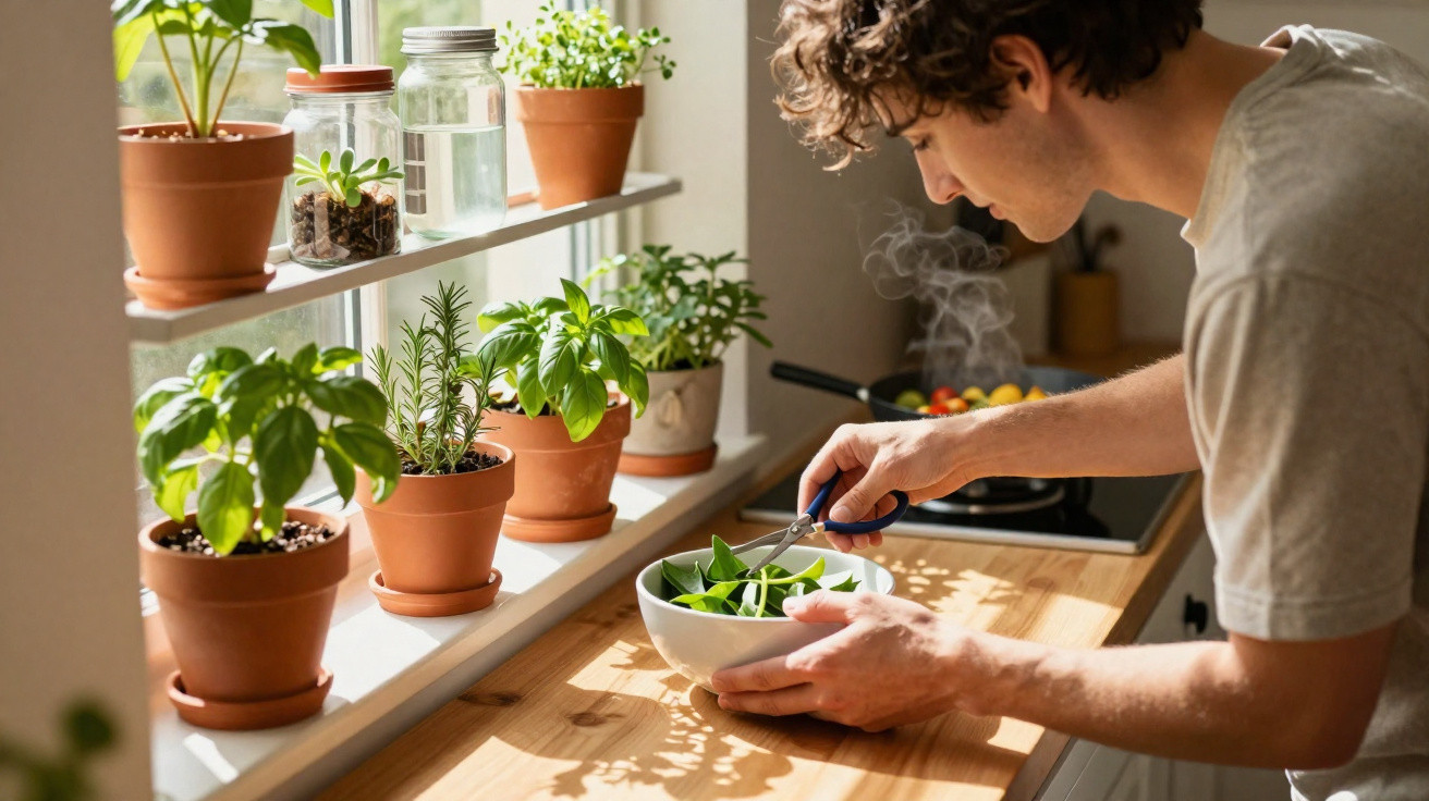 Young man snipping fresh herbs into a bowl in a sunlit kitchen with plants on the windowsill.