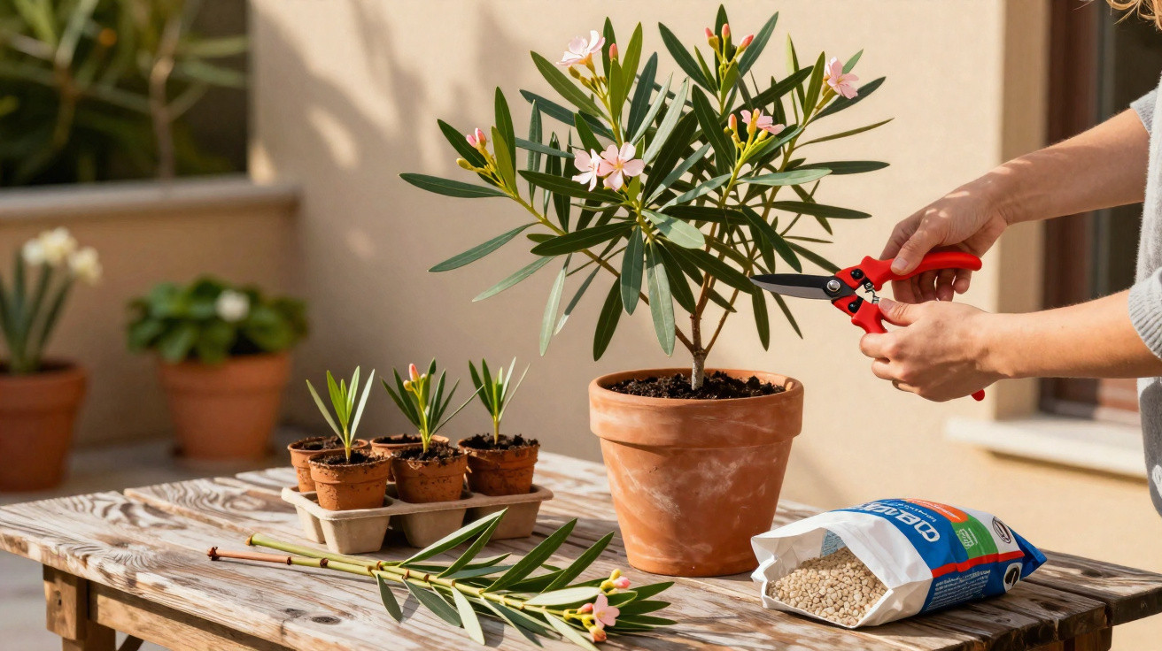 Person pruning a potted flowering plant on a wooden table with seedlings and fertiliser granules nearby.