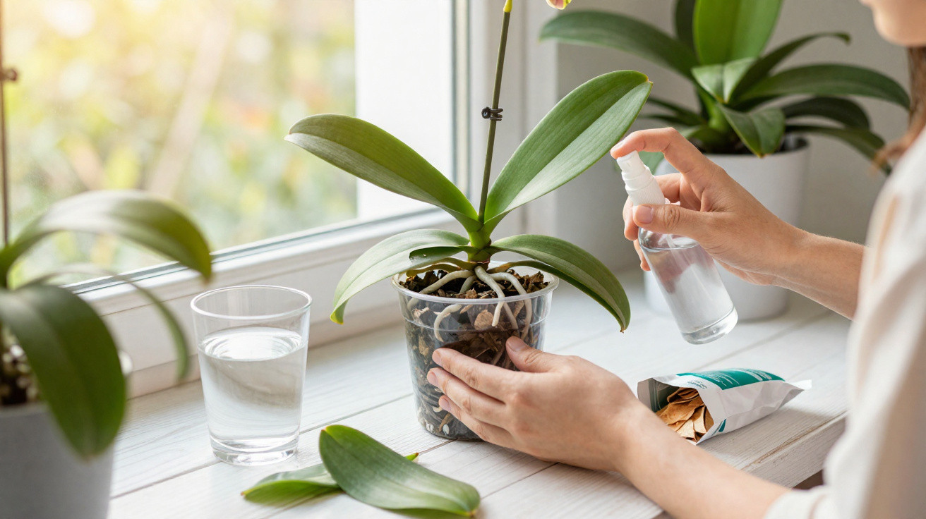Hands spraying orchid leaves with water in a clear pot by a sunlit window with a glass of water nearby.