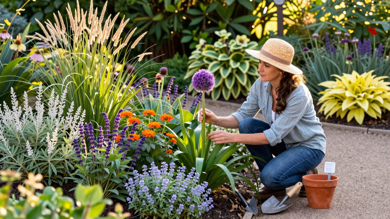 Woman in a straw hat tending a colourful flower bed in a garden on a sunny day.