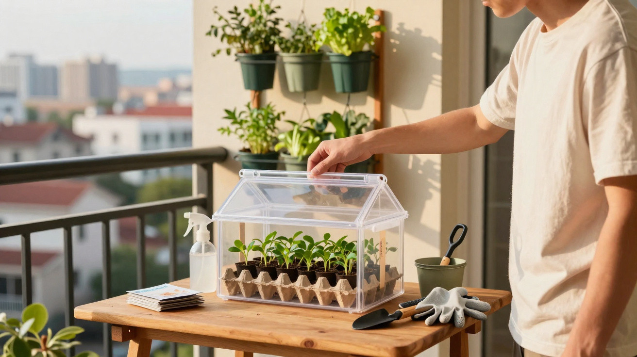 Person tending to seedlings inside a small transparent greenhouse on a balcony table with gardening tools nearby