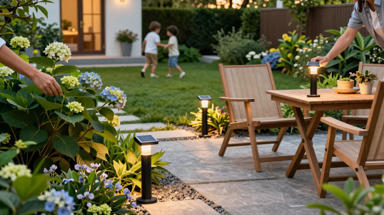 Garden patio with solar lights, wooden chairs and table, flowering plants, and two children playing on the lawn.