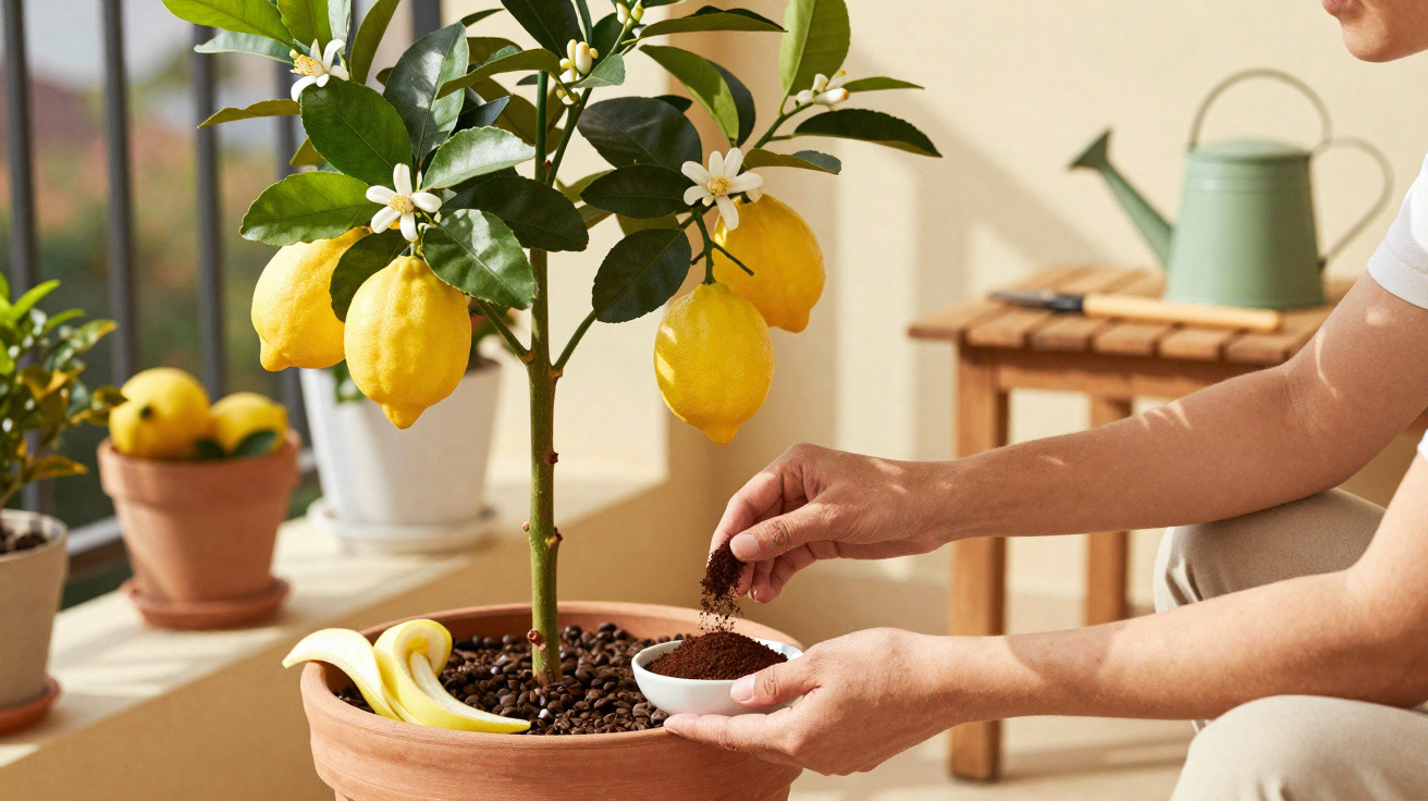 Person adding soil to a lemon tree in a pot on a sunlit balcony with gardening tools in the background.