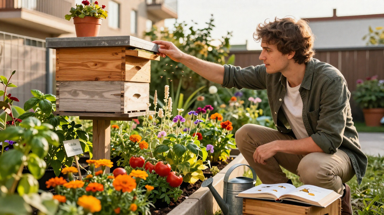 Young man tending a wooden beehive in a vibrant garden with flowers, tomatoes, watering can, and open book.