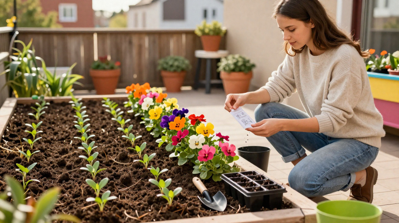 Young woman planting seeds beside colourful flowers in a raised garden bed on a sunny patio.