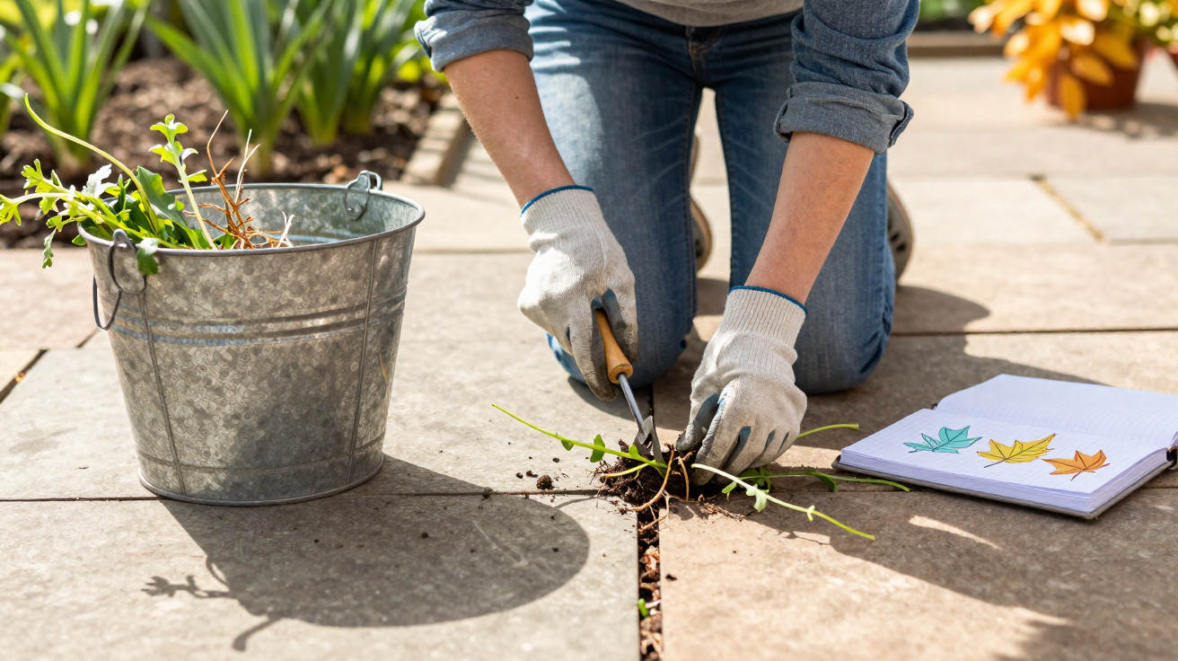 Person wearing gloves pulling weeds from cracks between patio stones with gardening tools and bucket nearby