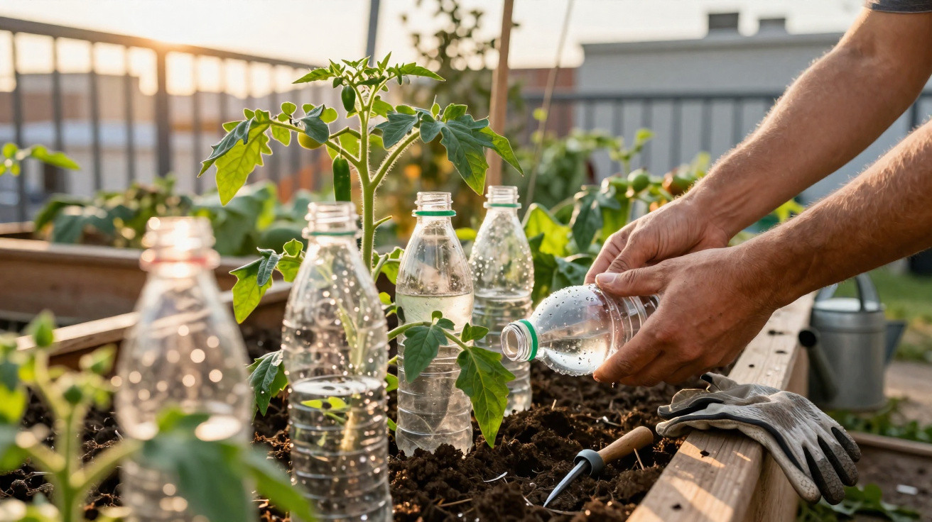 Hands watering young tomato plants in a garden bed with repurposed plastic bottles at sunset.