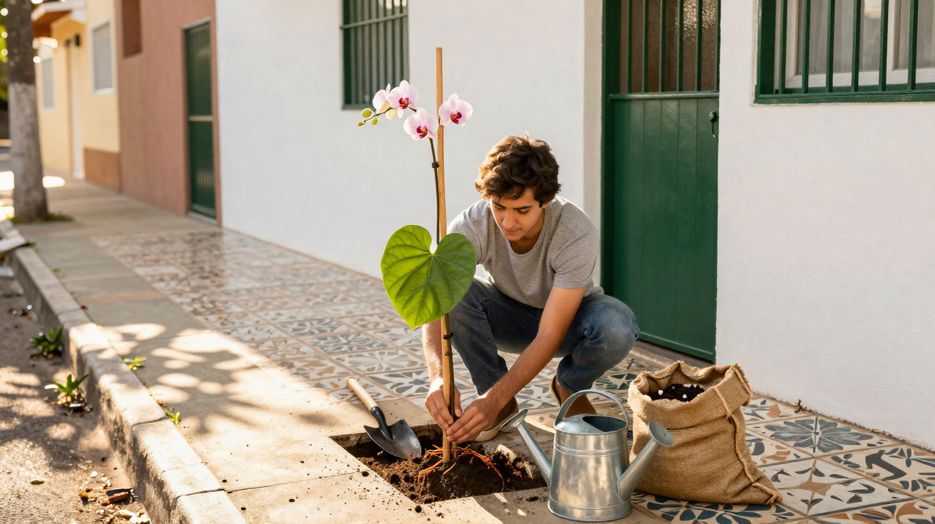Young man planting an orchid on a sunny tiled urban sidewalk with gardening tools nearby.