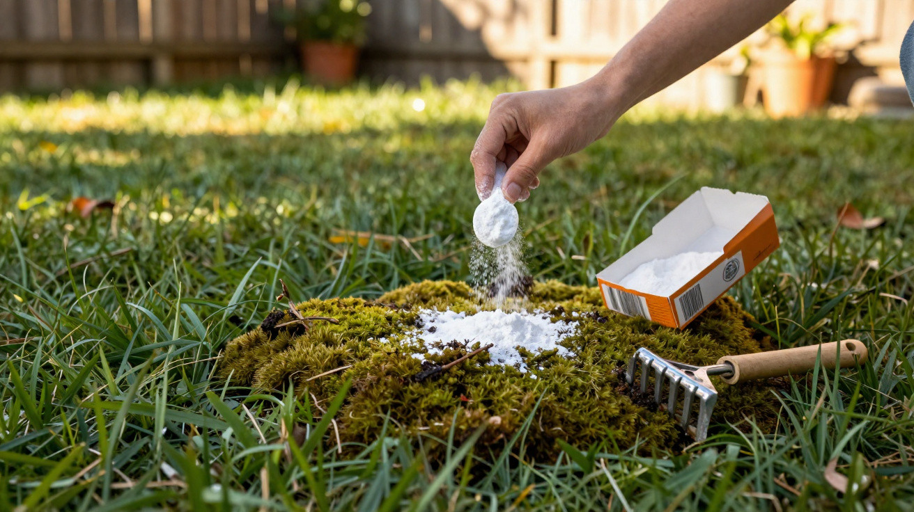 Hand sprinkling baking soda onto moss in a grassy garden with gardening rake nearby and wooden fence background.