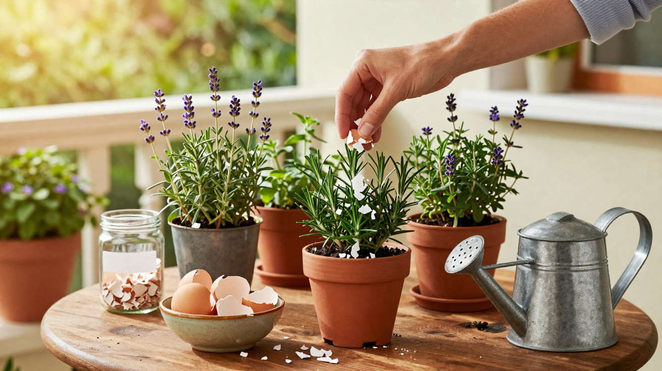 Hand placing eggshell pieces into a terracotta pot with herbs on a wooden table next to a watering can.