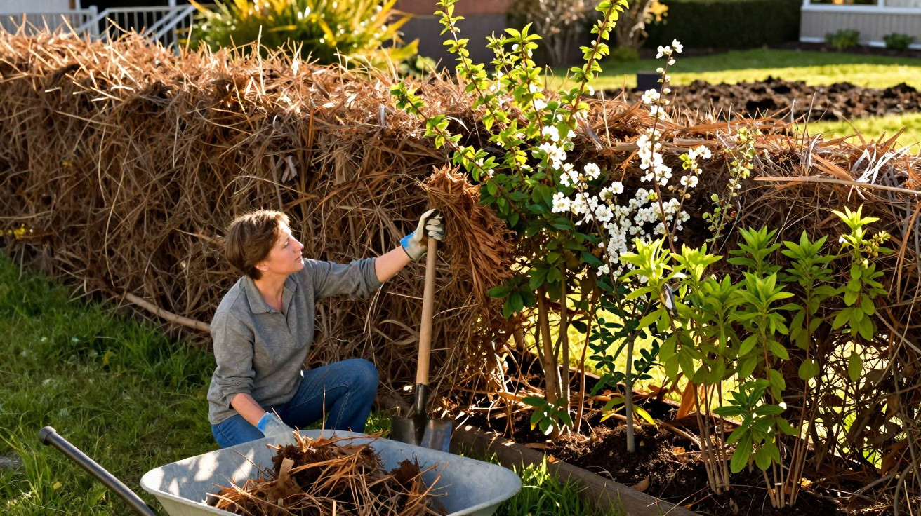 Person mulching a garden hedge with dried pine needles on a sunny day, surrounded by plants and a wheelbarrow.