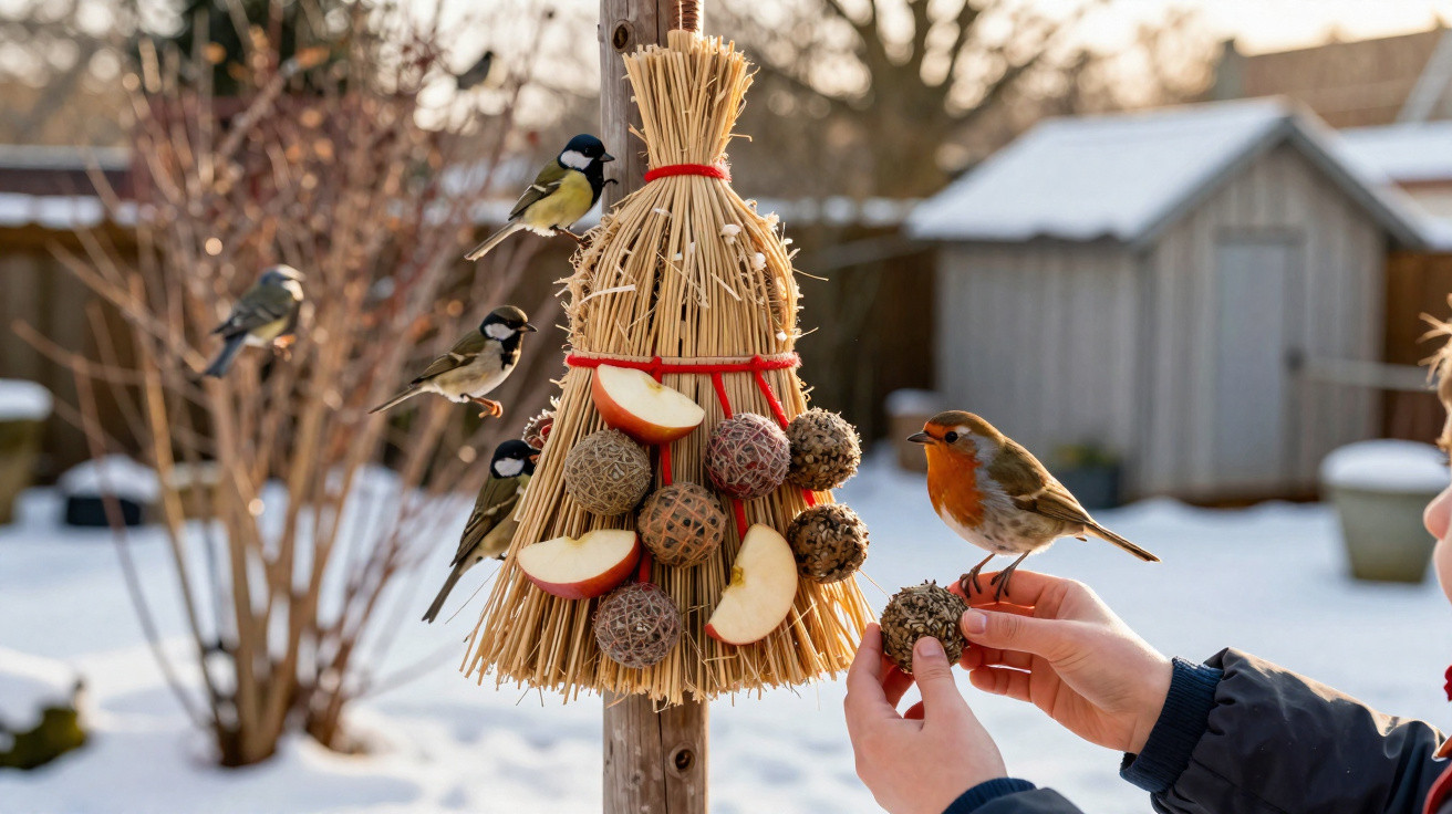 Person feeding a robin on a fat ball near a straw bird feeder with great tits in a snowy garden.