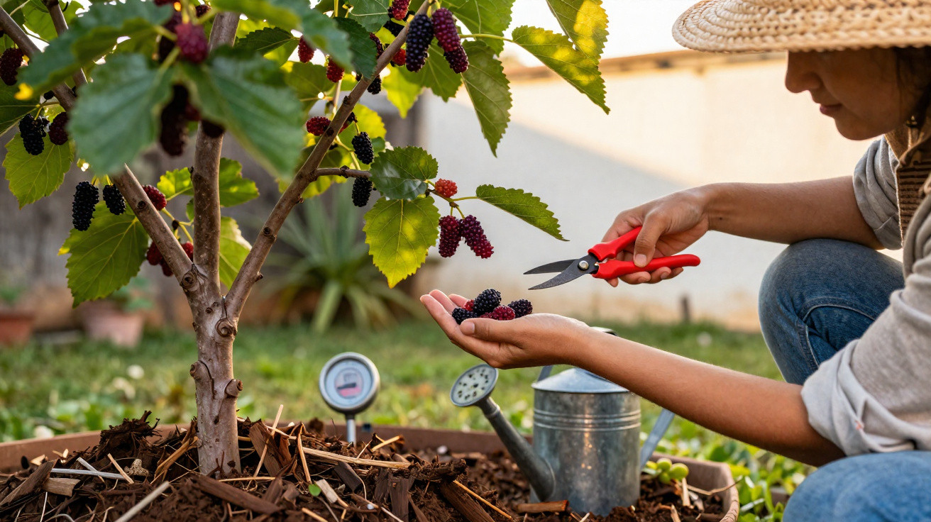 Person harvesting ripe blackberries from a bush in a garden with a watering can nearby.