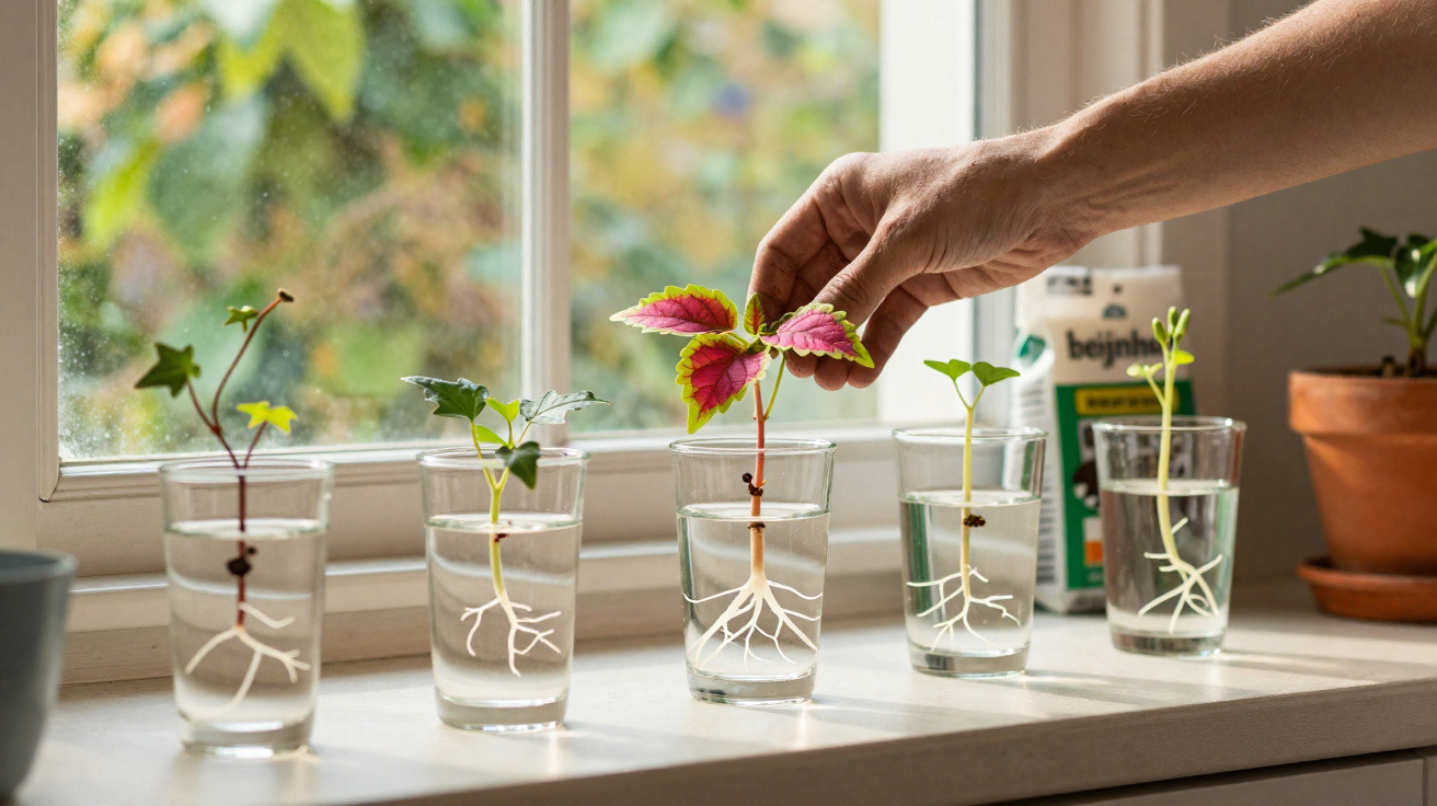 Six young plants with visible white roots growing in clear glasses filled with water on a windowsill, hand adjusting one.