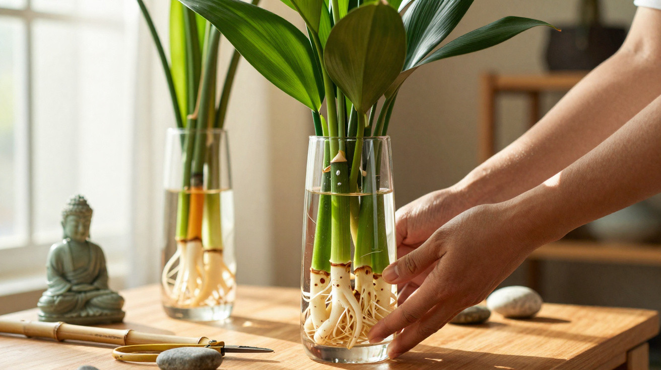Person arranging green plants with visible roots in clear water-filled glass vases on a wooden table near a Buddha statue.