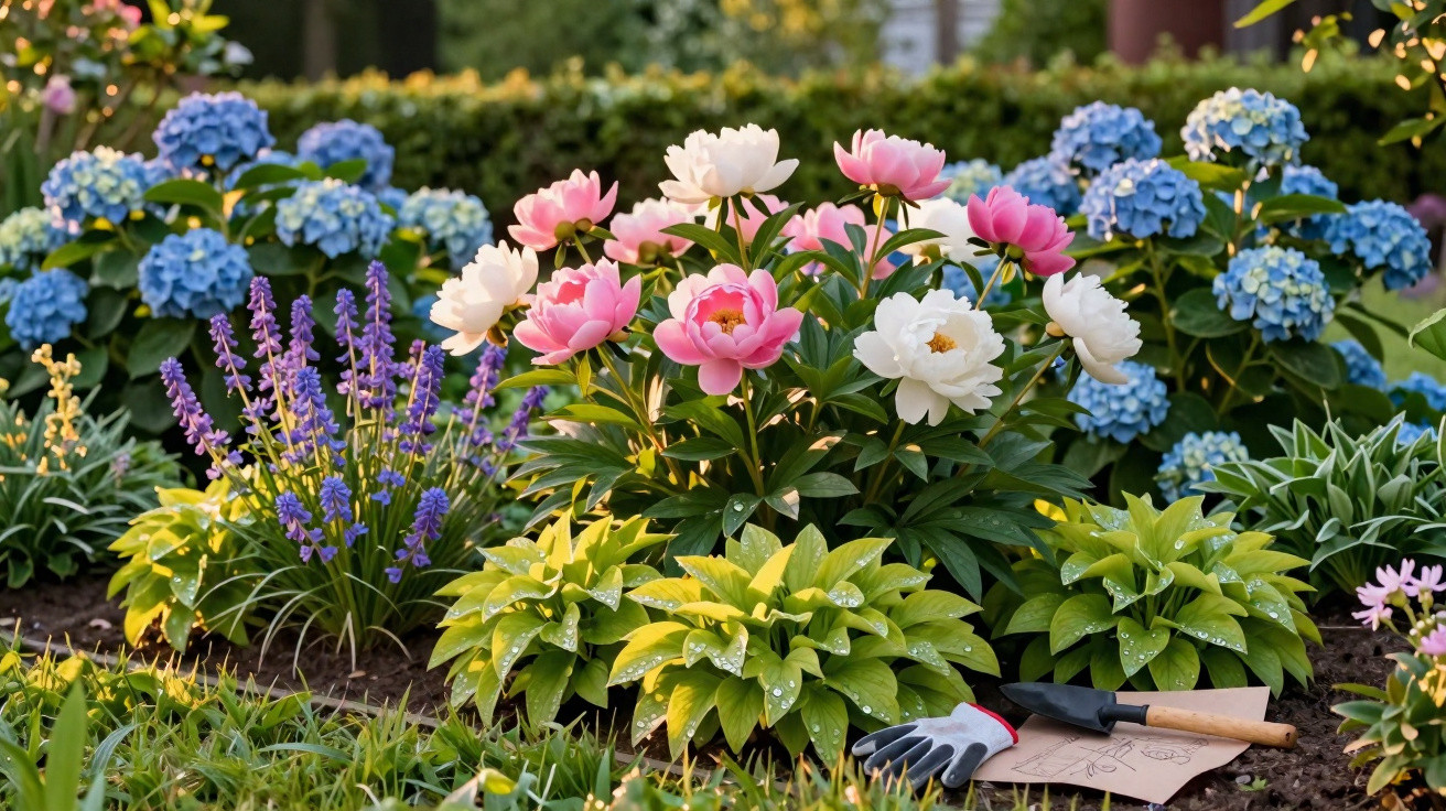 A colourful garden bed with pink and white peonies, blue hydrangeas, purple flowers, green foliage, and gardening tools.