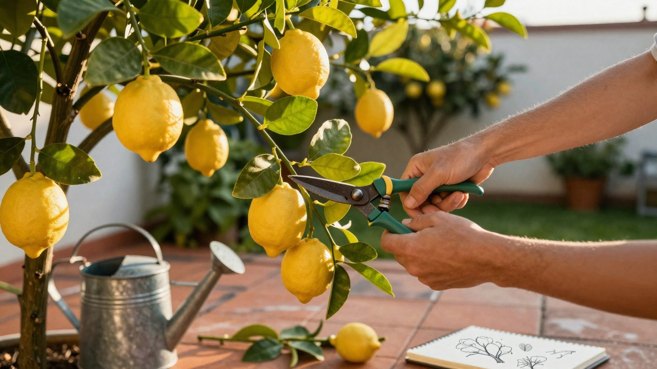Person pruning ripe lemons from a tree in a garden with a watering can and sketchbook nearby.