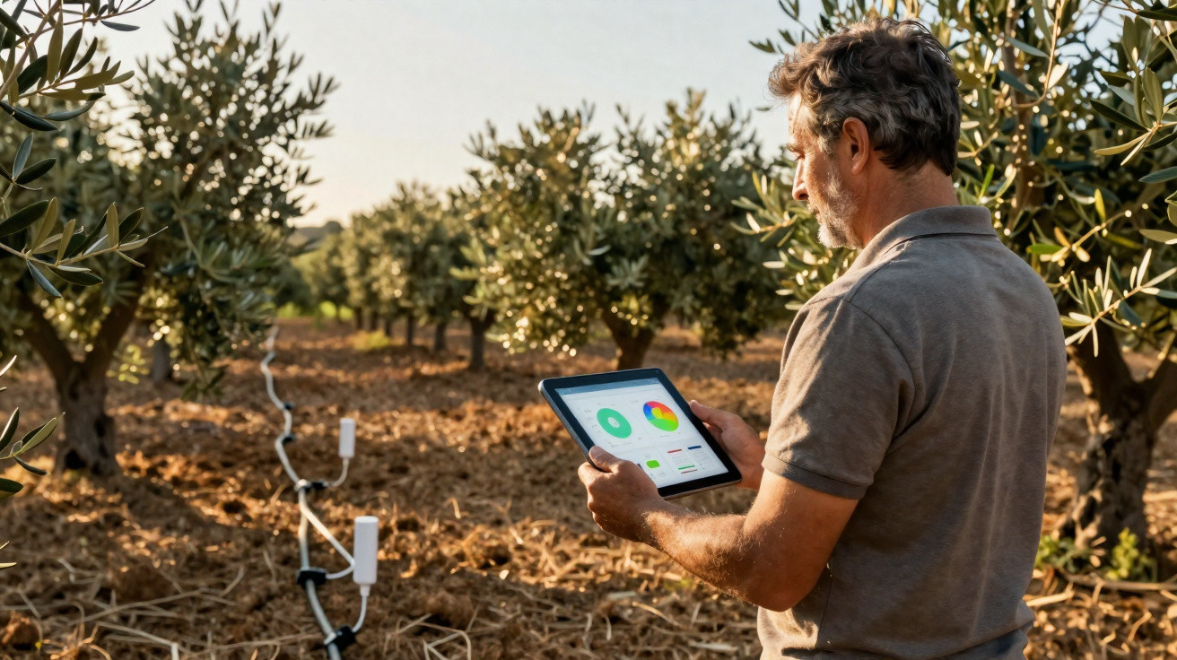 Man using a tablet to monitor data in a sunlit olive grove with soil sensors attached to trees.