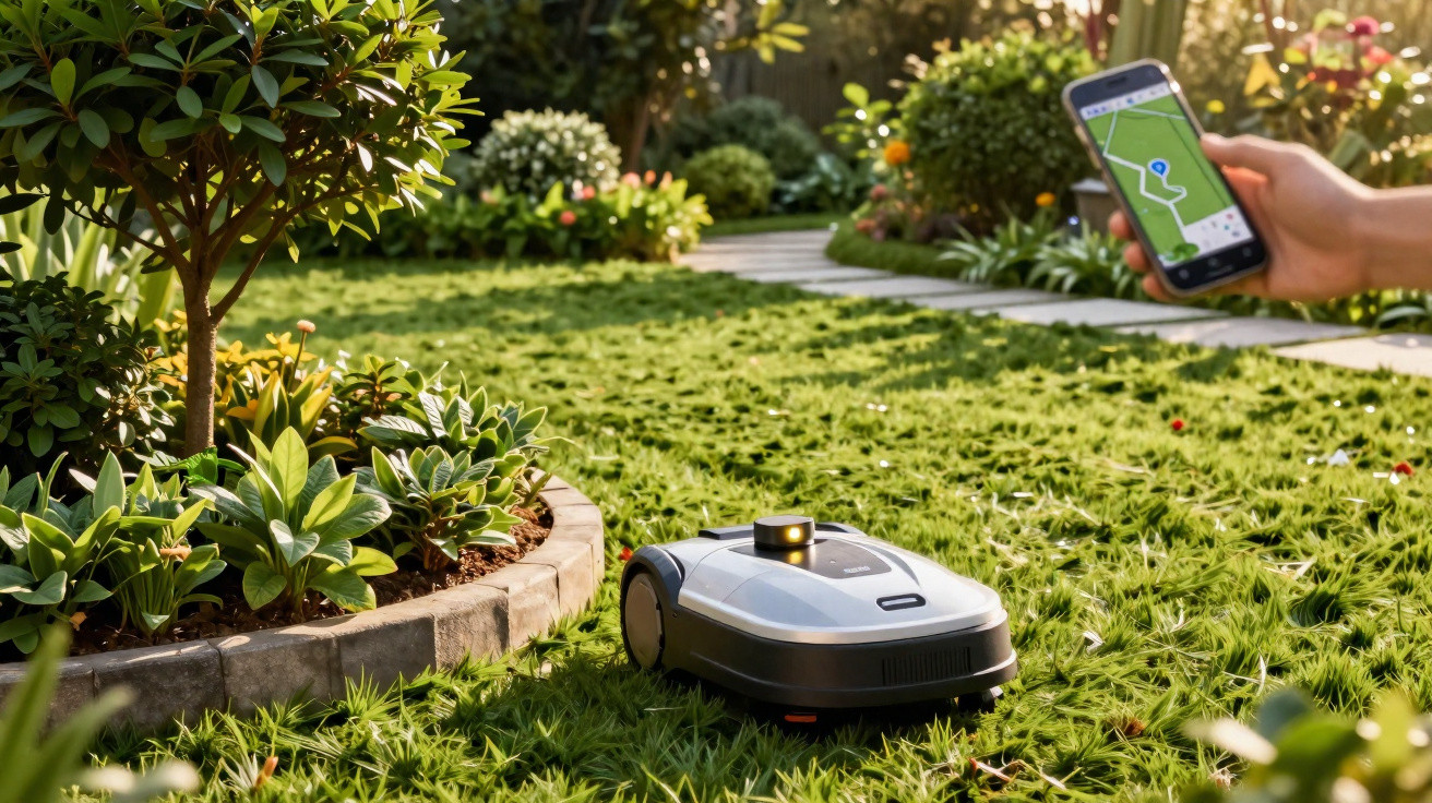 Robotic lawn mower operating on a garden lawn with a person controlling it via smartphone app.