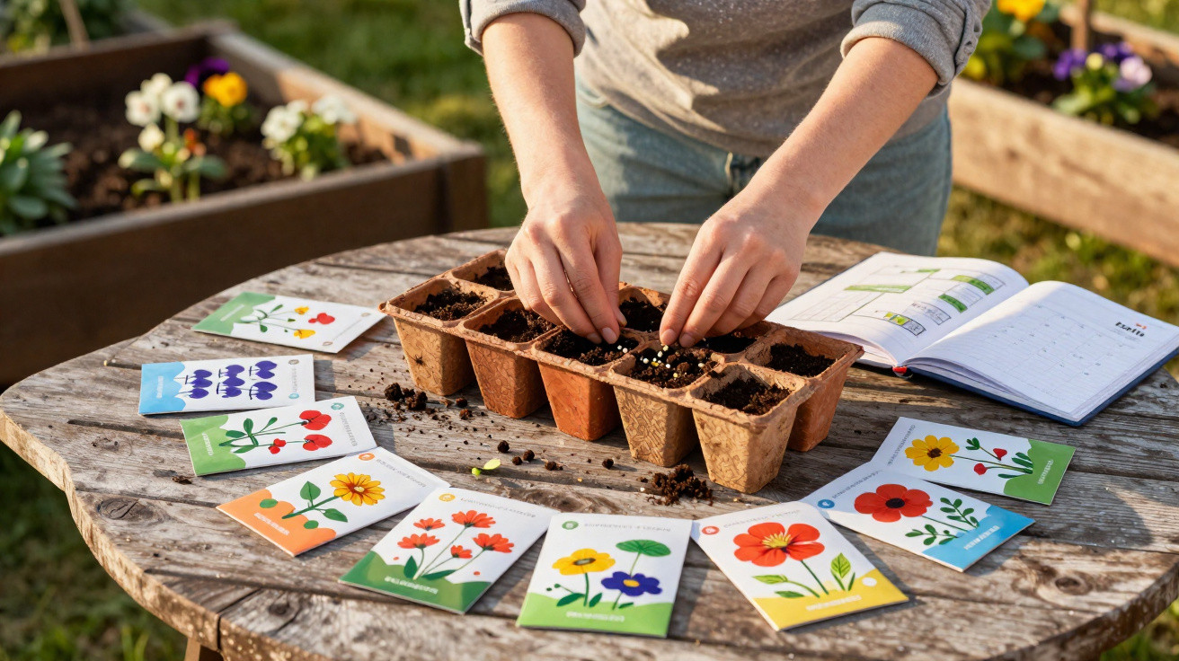 Person planting seeds in small pots on a wooden table surrounded by flower seed packets and a gardening journal.